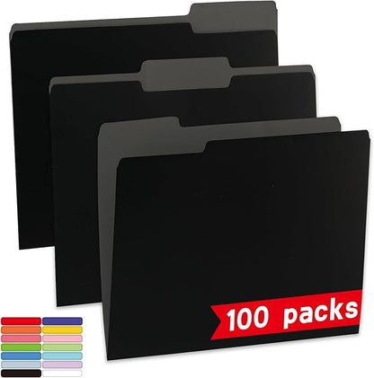 100 Packs Black File Folders,File Folders Letter Size,1/3-Cut Tabs,8.5x11 File Folders for Office,School and Home,Organizer File Folder