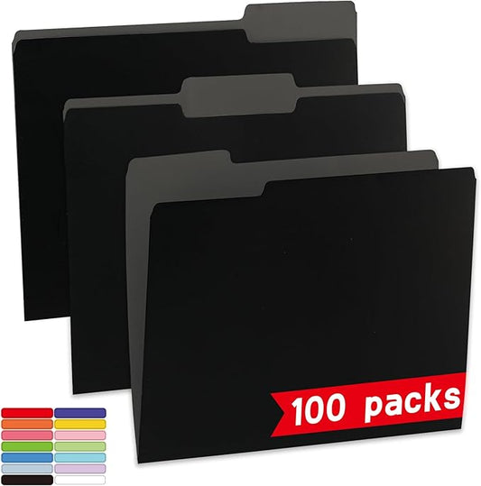 100 Packs Black File Folders,File Folders Letter Size,1/3-Cut Tabs,8.5x11 File Folders for Office,School and Home,Organizer File Folder