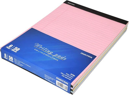 Mintra Office Legal Pads, ((Basic 6pk - (Pastel Version #2), 8.5in x 11in, Wide Ruled)), 50 Sheets per Notepad, Micro perforated Writing Pad, Notebook Paper for School, College, Office, Work
