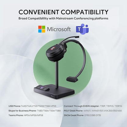 Yealink WH62 Mono DECT Wireless Headset 525 ft Range for Microsoft Teams, Work Headset with 2x Noise Canceling Mic for IP Phone and Computer, Single Ear Headset with Call Control, Ringer,13H Talk Time