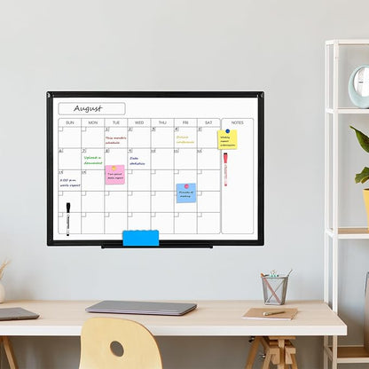 Monthly Calendar Dry Erase Whiteboard, 36" x 24" Magnetic Calendar White Board, Double-Sided Portable Board with Black Aluminium Frame for Office, Kitchen, School, Home