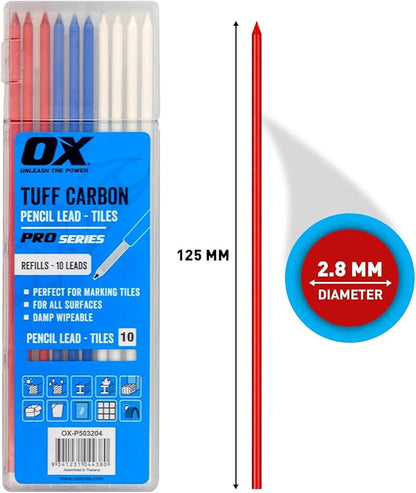 OX Tools Tuff Carbon Marking Pencil Replacement Lead 10-Pack with Red, Blue & White Lead, 2.88 mm lead - Designed For Tile Marking, OX-P503204