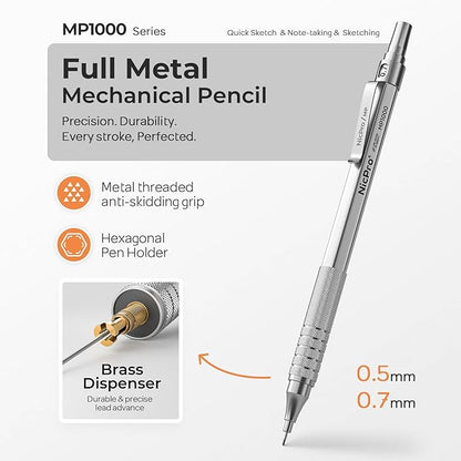 Nicpro 2 PCS Mechanical Pencil 0.5mm & 0.7 mm with Case, MP1000 Metal Artist Pencil Set with 6 Tubes HB Lead Refills, 3 Erasers, 9 Eraser Refills For Art Writing Drafting, Drawing, Sketch, Silver