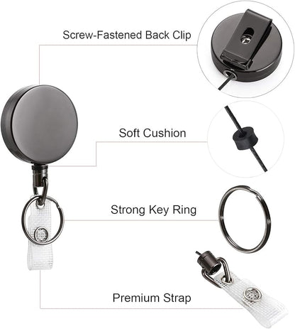 Will Well ID Badge Holder Reel with Clip and Keyring - Heavy-Duty All-Metal Casing with 24.4" UHMWPE Fiber Pull Cord for Easy Access, Holds up to 8 Keys - 2-Pack, Small Round, Glossy Black