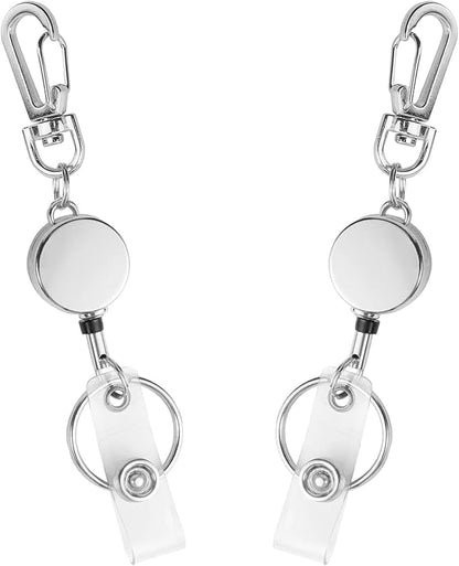 2 Pack Metal Retractable Badge Reel ID Badge Holder with Cord and Carabiner Key Chain (Silver)