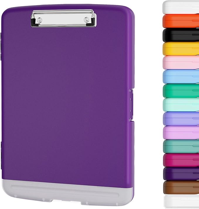 Piasoenc Clipboard with Storage, 8.5 x 11 Organization Box with Pen Holder and A4 Legal Paper Folder, Heavy Duty Plastic, Folio & Side-Opening, Low Profile Clip, for Teachers, Lawers, Deep Purple