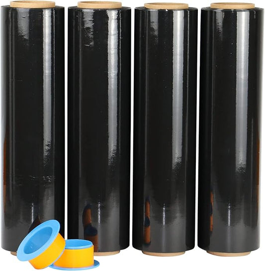 BOMEI PACK Black Stretch Wrap Industrial Strength with Plastic Handle 18" x 1000 Feet 80 Gauge 4 Pack, Black Shrink Wrap, Self-Adhering Black Plastic Wrap for Shipping, Moving