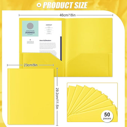 Gueevin 50 Pcs Plastic Folders with Pockets, Two Pocket Folder Fit Letter Size, Heavy Duty School Business Card Holder for Home Office School Bussiness, 11.61 x 9.45 Inches (Yellow)