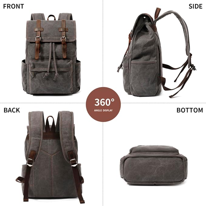 HuaChen Vintage Canvas Backpack, Mens Travel Leather Rucksack for Laptop Hiking Bag (M83_Grey)