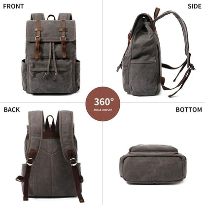 HuaChen Vintage Canvas Backpack, Mens Travel Leather Rucksack for Laptop Hiking Bag (M83_Grey)
