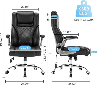 Executive Office Chair Desk Swivel Chair High Back Computer Chair - Adjustable Lumbar Support with Flip-Up Arms PU Leather Chair with Spring Cushion (Black)
