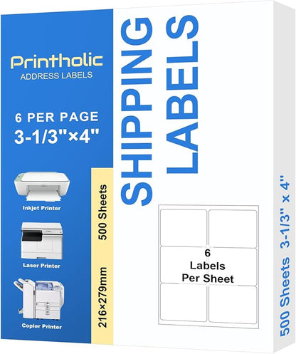 6 Per Sheet Label Address Labels 3-1/3" x 4" Self Adhesive Sheets Shipping Labels Easy Peel & Feed White Stickers for Laser & Inkjet Printers (500 Sheets, 3000 Labels)