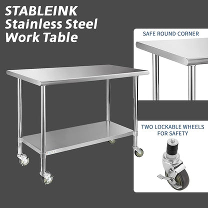 STABLEINK Stainless Steel Table with Caster Wheels 24 x 60 Inches, NSF Commercial Prep & Work Table with Adjustable Undershelf and Table Foot, for Commercial Kitchen, Restaurant, Hotel and Garage