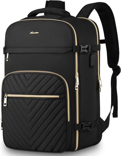 Travel Backpack for Women, Carry On Backpack for Airplanes Flight Approved, Waterproof Large Weekender Overnight Bag Fit 18.4 Inch Laptop with USB Charging Port, Black