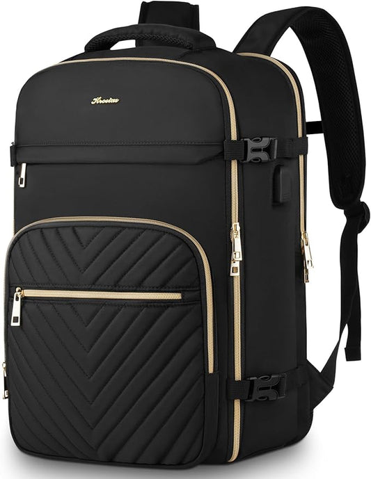 Travel Backpack for Women, Carry On Backpack for Airplanes Flight Approved, Waterproof Large Weekender Overnight Bag Fit 18.4 Inch Laptop with USB Charging Port, Black