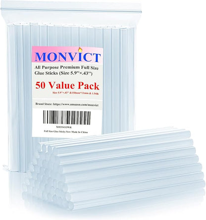 MONVICT Hot Glue Sticks, Pack of 50 (1.54 lb) 6"Long 0.43" Diameter Full-Size Hot Glue Gun Sticks Art Glues Pastes Hot Melt Sticks for Most Large Glue Guns, Clear Glue Sticks for DIY, Arts & Crafts