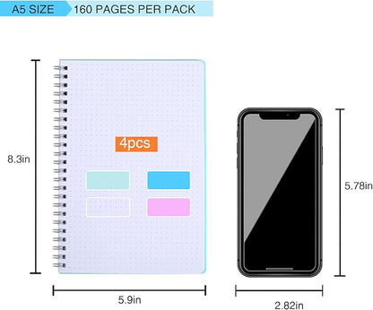 Spiral Notebook, 4 Pack Dot Grid Notebooks 5.7" x 8.3", Bullet Dotted Journal, 640 Pages, Cute College School Supplies Notebooks for Work, Aesthetic Gift Office Supplies for Study and Notes