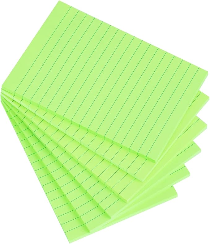 Vanpad Lined Sticky Notes 4X6 in Bright Green Ruled Stickies Super Sticking Power Memo Pads Strong Adhesive, 6 Pads/Pack, 45 Sheets/pad