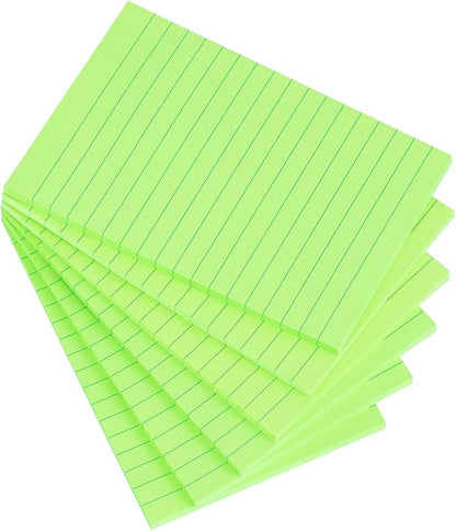 Vanpad Lined Sticky Notes 4X6 in Bright Green Ruled Stickies Super Sticking Power Memo Pads Strong Adhesive, 6 Pads/Pack, 45 Sheets/pad