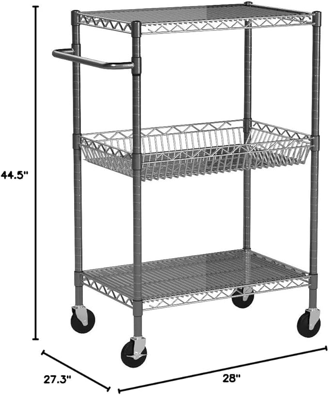 Alera Three-Tier Wire Cart, 34" x 18" x 40", Black