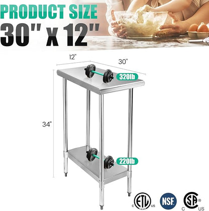 STABLEINK NSF Stainless Steel Table, 30 x 12 Inches Metal Prep & Work Table with Adjustable Undershelf, for Commercial Kitchen, Restaurant, Hotel and Garage，Small Stainless Steel Table