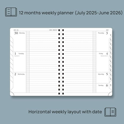 POPRUN Planner 2025-2026, Horizontal Weekly Notebook Jul.25-Jun.26 (Medium 6.75''x 8.75''), Academic Calendar Book with Monthly Tabs, Spiral Soft Cover, Inner Pocket, 100 GSM - Navy Blue