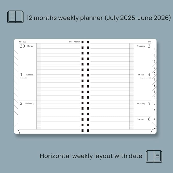 POPRUN Planner 2025-2026, Horizontal Weekly Notebook Jul.25-Jun.26 (Medium 6.75''x 8.75''), Academic Calendar Book with Monthly Tabs, Spiral Soft Cover, Inner Pocket, 100 GSM - Army Green