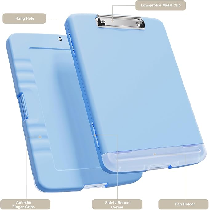 Piasoenc Clipboard with Storage, 8.5 x 11 Organization Box with Pen Holder and A4 Legal Paper Folder, Heavy Duty Plastic, Folio & Side-Opening, Low Profile Clip, for Teachers, Lawers, Dark Blue
