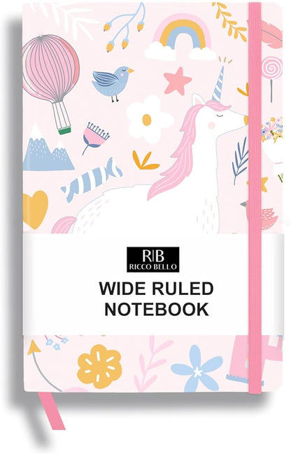 RICCO BELLO Wide Ruled Hardcover Diary Journal School Notebook for Kids, Tweens - Bookmark, Band Closure, Storage Pocket, 5.7 x 8.4 Inches, 192 Pages, (Pink Unicorn)