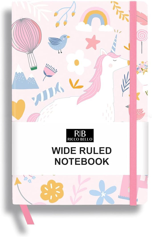 RICCO BELLO Wide Ruled Hardcover Diary Journal School Notebook for Kids, Tweens - Bookmark, Band Closure, Storage Pocket, 5.7 x 8.4 Inches, 192 Pages, (Pink Unicorn)