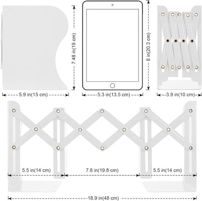 2PCS Adjustable Bookends, Metal Book Ends for Heavy Book, 2 Dividers, Nonslip Book Stander for Desk, Shelf, Office, Stationery Gift, Extends up to 19 inches (White)