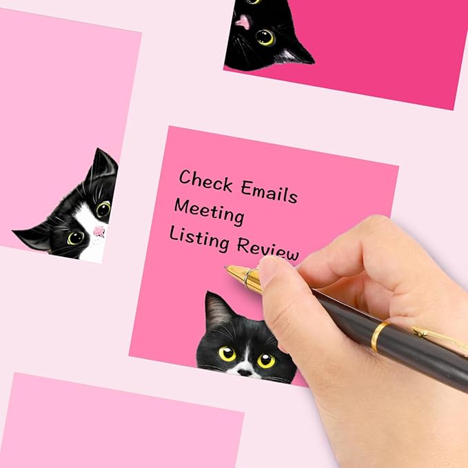 9 Pads Black Cat Sticky Notes Set, Pink Self-Stick Note Pads, Super Adhesive Memo Pads Cute Note Card for Cat Lover Gift, Teacher Office and School Supplies, 3x3in