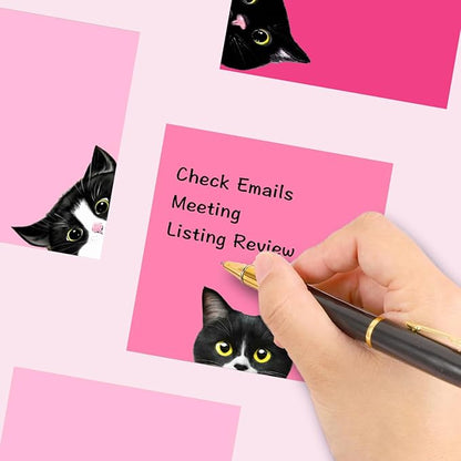 9 Pads Black Cat Sticky Notes Set, Pink Self-Stick Note Pads, Super Adhesive Memo Pads Cute Note Card for Cat Lover Gift, Teacher Office and School Supplies, 3x3in
