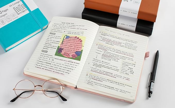 Thick College Ruled Notebook with 366 Numbered Pages, A5 Journals for Writing with 100GSM Lined Paper, Hardcover Leather Notebooks for Women Men School Note Taking Office Work Diary, 5.7"x8.3" Cyan