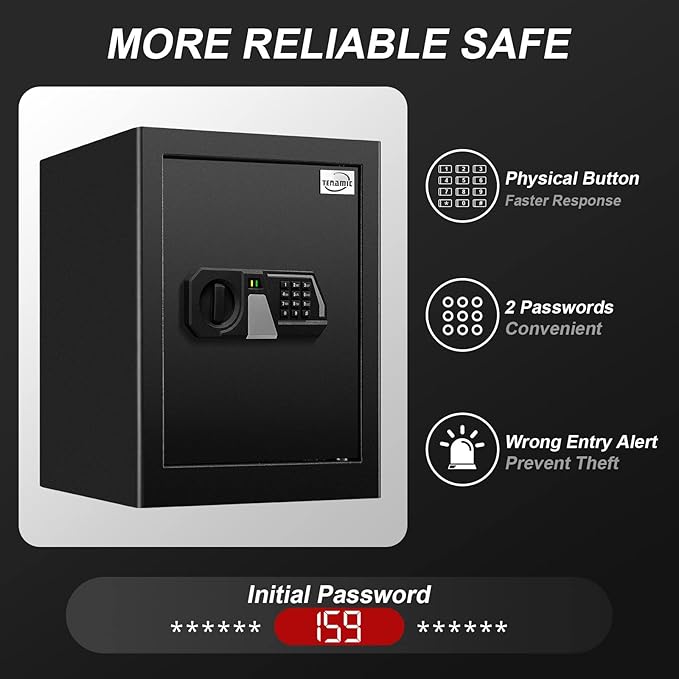 Tenamic Fireproof Safe Box 2.0 Cuft Electronic Digital Security Box, Keypad Large Lock Box Cabinet Safes with Internal Light, Solid Alloy Steel Office Hotel Home Safe with 2 Passwords, Black