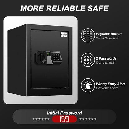 Tenamic Fireproof Safe Box 2.0 Cuft Electronic Digital Security Box, Keypad Large Lock Box Cabinet Safes with Internal Light, Solid Alloy Steel Office Hotel Home Safe with 2 Passwords, Black