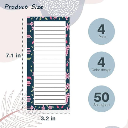 4 Pack Magnetic Notepads for Refrigerator, Full Magnet Back Design Magnetic Memo Pads, 50 Sheets Per Note Pads To-Do List, Shopping List (Floral Style)