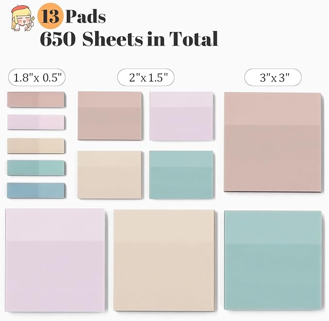 [650 Sheets] Transparent, 3 Sizes Clear Sticky Notes Pads, Pastel Color Waterproof Self-Adhesive Translucent See Through Sticky Notes for Annotating Books,School & Office