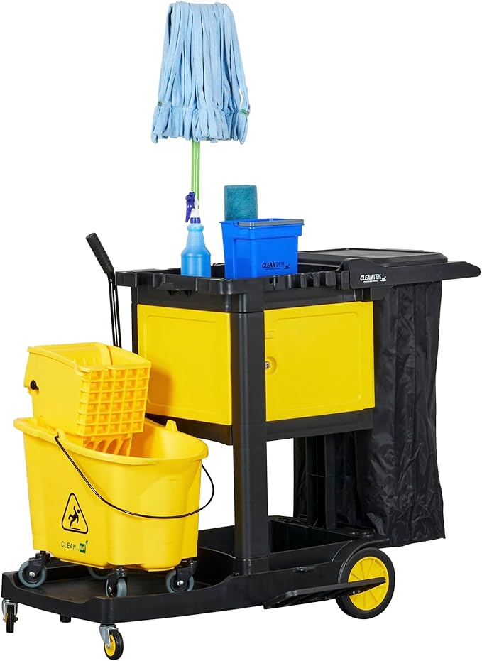 Restaurantware-Clean Tek Professional 3-Shelf Janitor Cart with Wheels, 1 Cleaning Trolley with Cover and 21 Gallon Bag - Includes 1 Single Locking Cabinet, Heavy-Duty, Gray Plastic Janitorial Cart