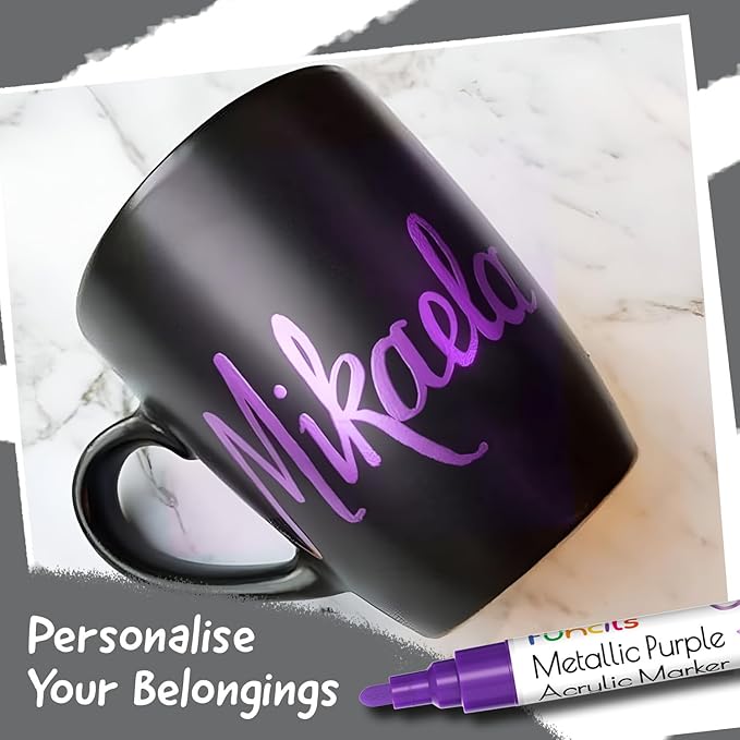 5 Metallic Acrylic Purple Paint Pen - Extra Fine Tip, Thin & Jumbo (1mm, 3mm, 6mm, 10mm, 15mm) - Markers for Fabric, Metal, Plastic, Canvas, Wood, Rock Painting, Glass, Purple Permanent Marker