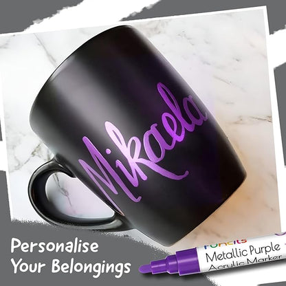 5 Metallic Acrylic Purple Paint Pen - Extra Fine Tip, Thin & Jumbo (1mm, 3mm, 6mm, 10mm, 15mm) - Markers for Fabric, Metal, Plastic, Canvas, Wood, Rock Painting, Glass, Purple Permanent Marker