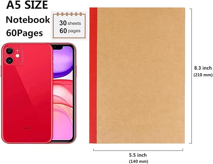 24 Pack A5 Kraft Notebook,Lines Pages - 60 Pages (30 Sheets), Wide Ruled,8.3”x 5.5” Small Kraft Notebook