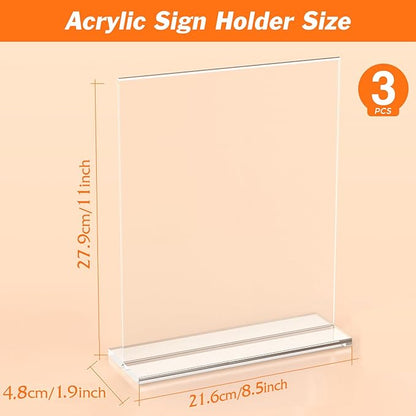 3 Pack Acrylic Sign Holder 8.5 x 11 Inches, Clear Menu Holder Stand, Vertical Flyer Display Stand, Table Paper Holder, Desk Brochure Holder, Plastic Sign Display Stand for Restaurants, Office, Store