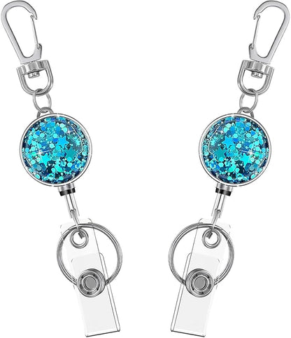 Glittery Retractable Keychain, Retractable Badge Holder, Retractable Badge Reels,Metal Badge Reel Card Holder with Key Ring for Nurse,Volunteer,Teacher,Student(2 Pack Bling Blue)