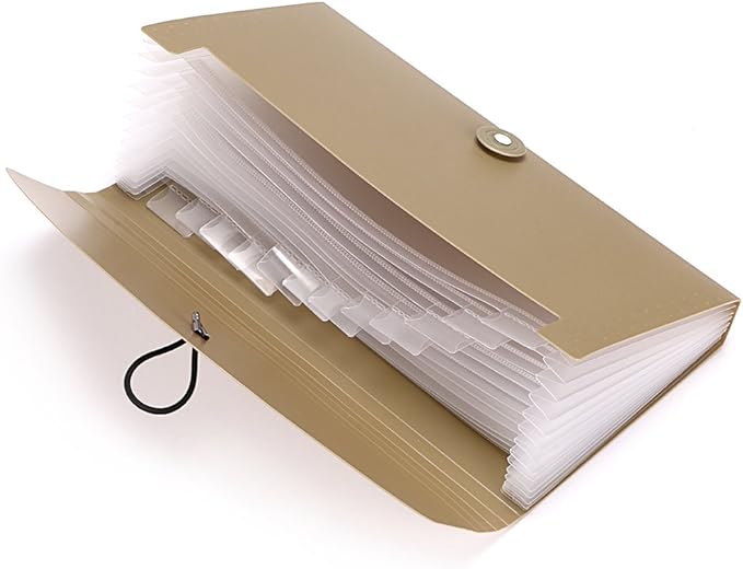 BTSKY Expanding File Folder -13 Pockets Small Accordion File Folder Expandable Card Ticket Holder File Storage Folder Check Bill File Folder Plastic Business Document Organizer Wallet Case, Khaki