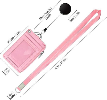 Cute ID Badge Holder Retractable Lanyard Reel Clip with Heavy Duty Carabiner, 5 Card Slots in 2 Sided with Key Ring and Zipper for Students Teens Boys Girls Office Staff Women (Pink)