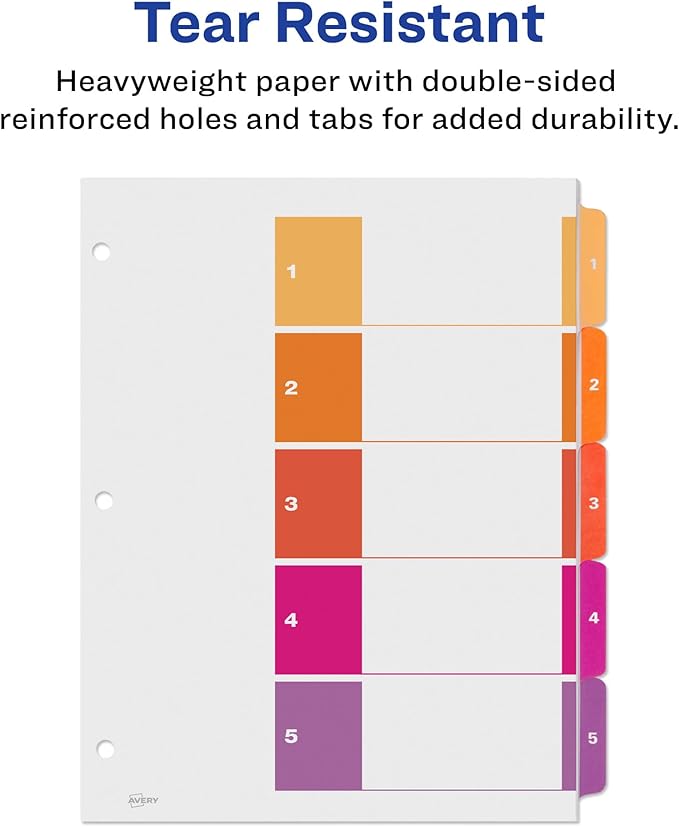 Avery 5 Tab Dividers for 3 Ring Binders, Customizable Table of Contents, Multicolor Tabs, 1 Set (11131)