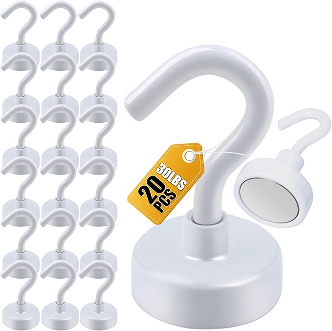 DIYMAG Magnetic Hooks, 30Lbs Strong Heavy Duty Cruise Magnet S-Hooks for Classroom, Fridge, Hanging, Cabins, Grill, Kitchen, Garage, Workplace and Office etc, (20 Pack-White)