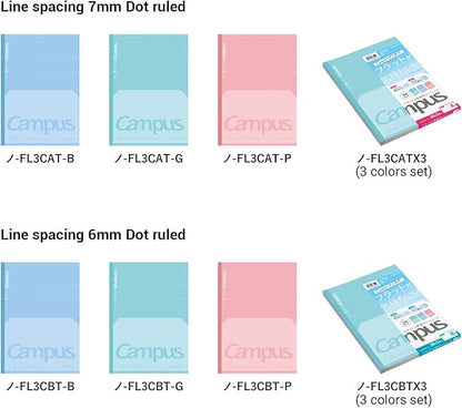 KOKUYO Campus Composition Kimochii Notebook, 3 Pack Feels Flat Semi-B5 Comp Book, Green Pink Blue, Dot B 6mm Ruled, 30 Sheets Lined Journal Notebook for School Note Taking. Japan Import (NO-FL3CBTX3)