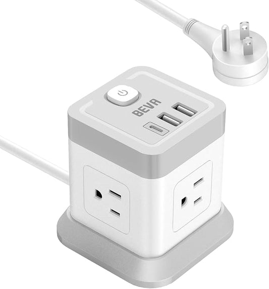 BEVA Cube Power Strip 10 ft Cord, Desktop Power Strip with 4 Outlets and 3 USB Ports, Flat Plug, Overload Protection, Compact Power Strips Tower for Travel Home Office Cruise Ship - ETL Listed